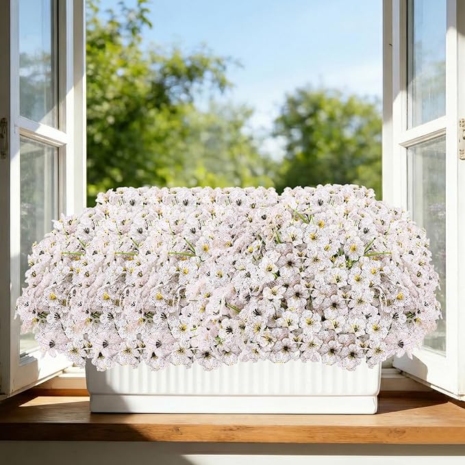 22 Pack Artificial Flowers Outdoor, Faux Flowers UV Resistant with Plastic Plants, Faux Silk Flowers for Outdoors Outside Front Porch Hanging Planter Window Box Garden Decoration(White)