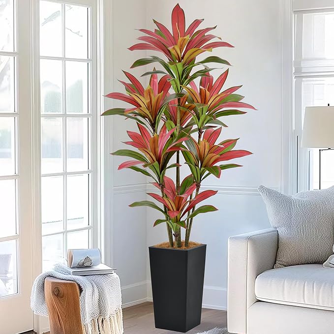 Roselywed Artificial Red Dracaena Tree 6FT with 114 Leaves & 7 Heads & Black Tall Planter Cover with Coconut Fiber Tall Faux Tropical Silk Bicolor Plant 72 Inch for Indoor Home Office Porch Mall Decor