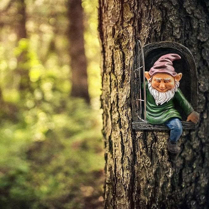 Gnome Statue Yard Decoration Outdoor Ornament, Gnone Tree Face Art Decor Outdoor Fence Peeker Decorations for Patio, Lawn, 12 Inch Elf Out of The Window Garden Decor Sculpture, Gift for Mom