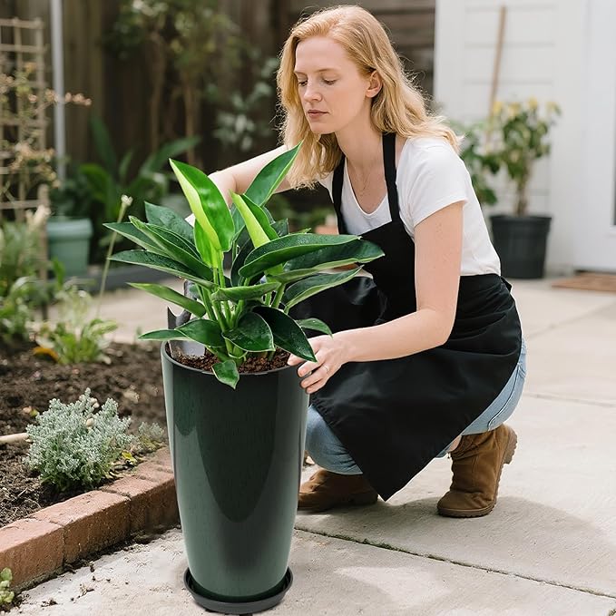 Neoaider 24/21/12 Inch Large Plastic Planter, Lightweight Ceramic-Look Tall Planters with Drain Hole & Saucers, Tall Plastic Planters for Porch, Garden, Patio, Balcony(Dark Green)