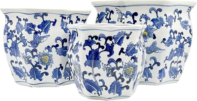 Galt International Blue & White w/Yellow Accent Round Fluted Floral Porcelain Ceramic Plant Flower Planter Pot Set of 3 (7.5", 10", 13") Garden Pots Chinese Asian Design