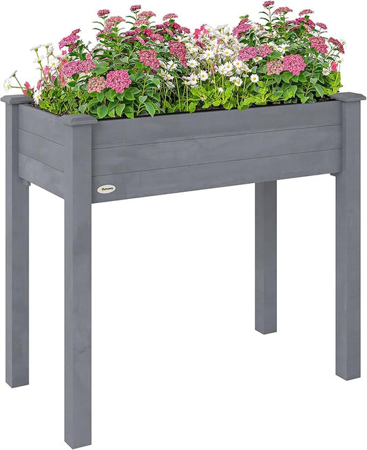 Outsunny Raised Garden Bed with Legs, 34" x 18" x 30", Elevated Wooden Planter Box, Self-Draining with Bed Liner for Vegetables, Herbs, and Flowers Backyard, Patio, Balcony Use, Dark Gray