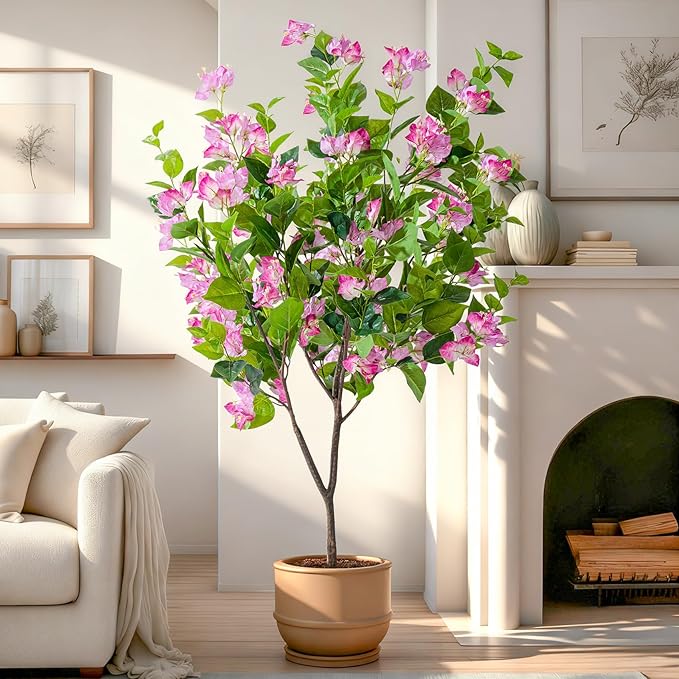 4FT Artificial Bougainvillea Tree Artificial Tree Tall Potted Fake Bougainvillea Trees for Outdoor Indoor Lifelike Potted Faux Plants with Wood Trunk and Flowers Office Wedding Home Decor