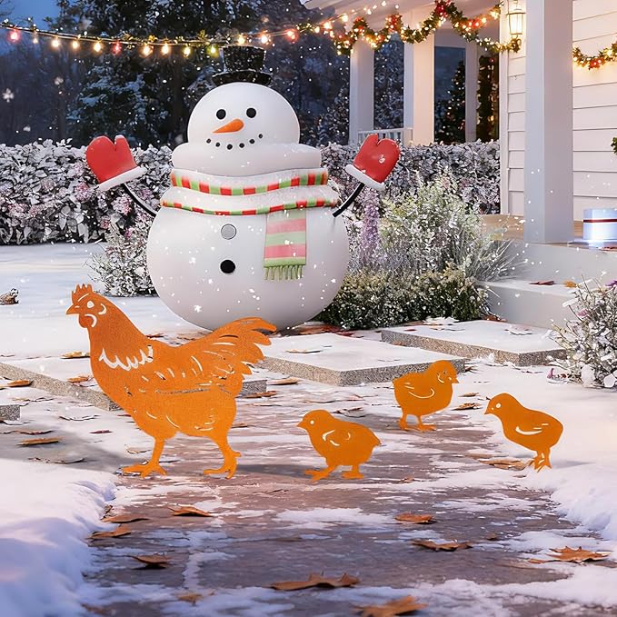 TT & MM Christmas Chicken Gifts for Women/Men,Chicken Metal Decorative 4 Pcs Garden Stakes,Hen/Chicks Silhouette Statues for Yard Art,Backyard,Patio,Lawn Ornaments,Outdoor Decor