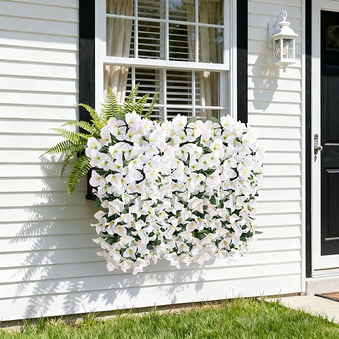 2 pcs Artificial Faux Bougainvillea Flowers Plants for Outdoor Outside Summer Decoration, Fake Silk UV Resistant Long Trailing Vines for Front Door Porch Planter Balcony (White)