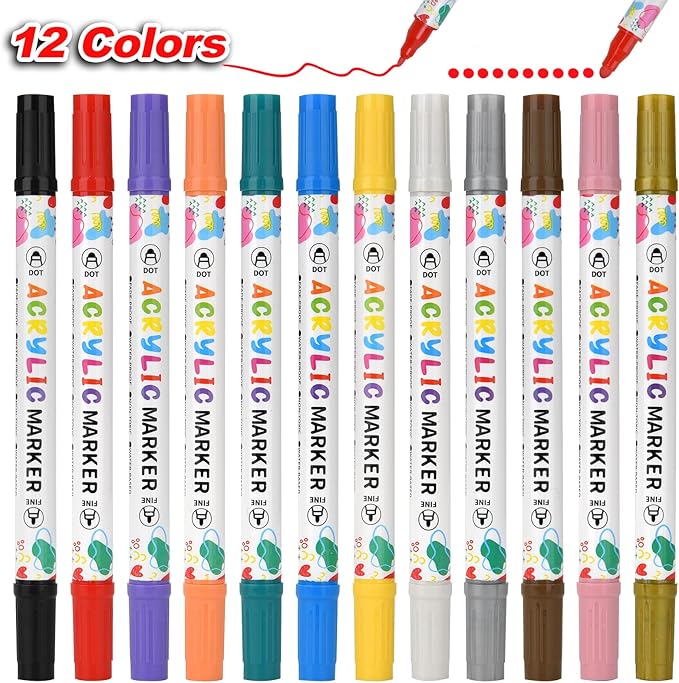 KEMYR 12 Colors Acrylic Paint Pens, Dual Tip Acrylic Paint Markers for Paper, Wood, Canvas, Stone, Rock Painting, Glass, Fabric, DIY, Ceramic, Art Supplies for Adults Drawing (Dot + Fine)