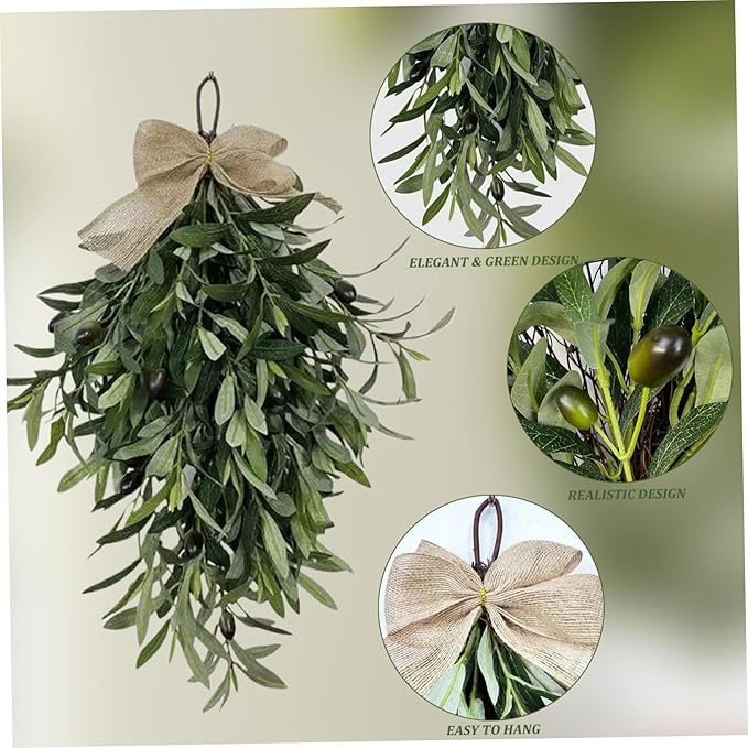 Artificial Olive Wreath with Burlap Bow, 24 Inch Teardrop Swag for Front Door Wall and Wedding Decor