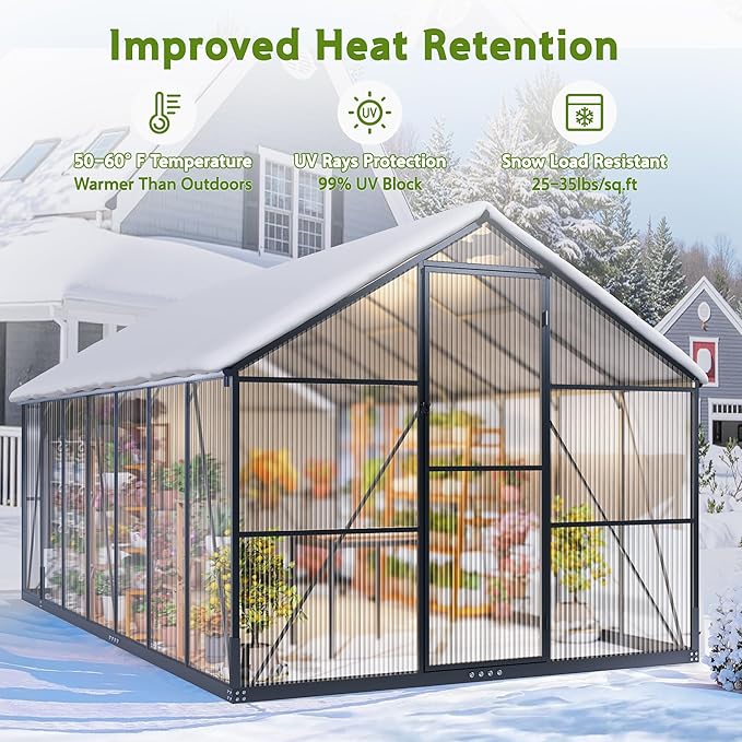 Wanan 14x8FT Greenhouses for Outdoors, Quick Assembly Polycarbonate Green House with UV Protection, Windproof Aluminum Frame Heavy Duty, Adjustable Roof Vent for Backyard or Outdoor Garden Use