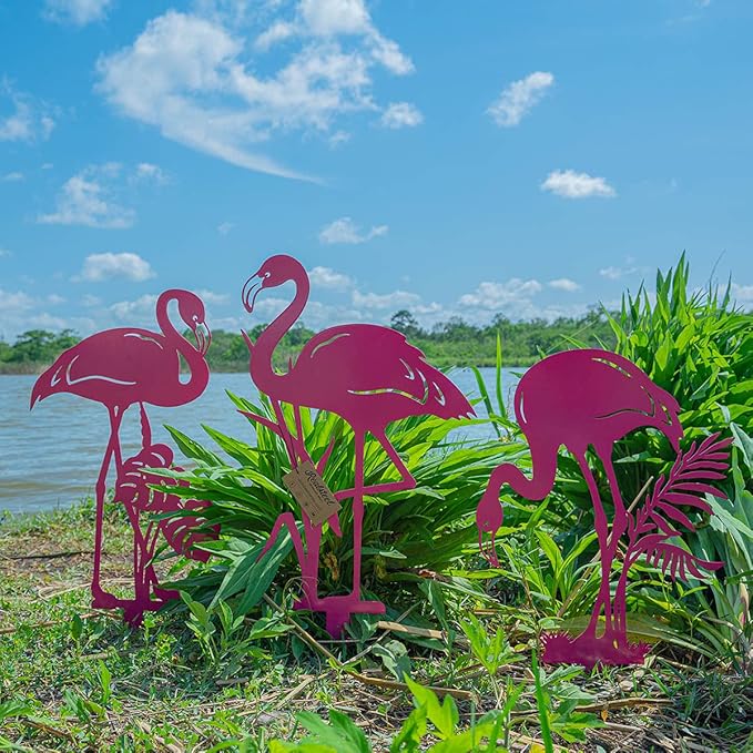 RealSteel Pink Flamingo Yard Decorations – Set of 3 Metal Flamingo Garden Statues, Outdoor Lawn & Front Yard Decor, Weatherproof Steel Yard Art, Flamingo Gifts for Women, Christmas & Summer Garden