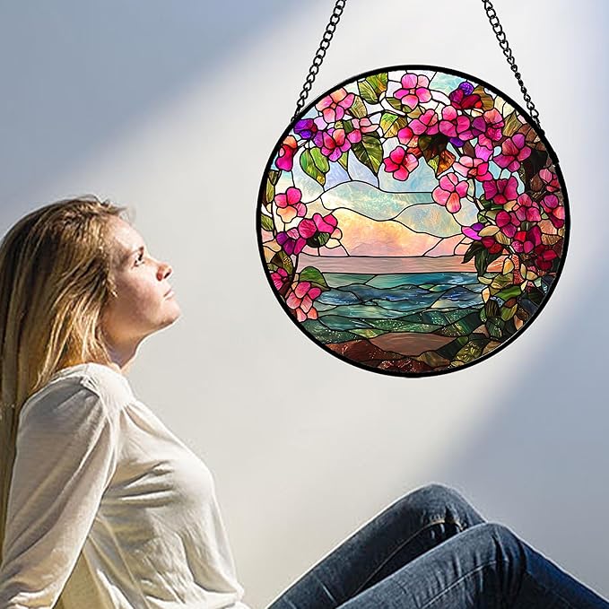 AMDERVEN Stained Glass Window Hanging, Purple Flower Landscape Wreath Sun Catcher for Door Home Decor Plants Suncatcher Christmas Mother's Day Birthday Gifts for Women Men Mom Nana 7.8 in