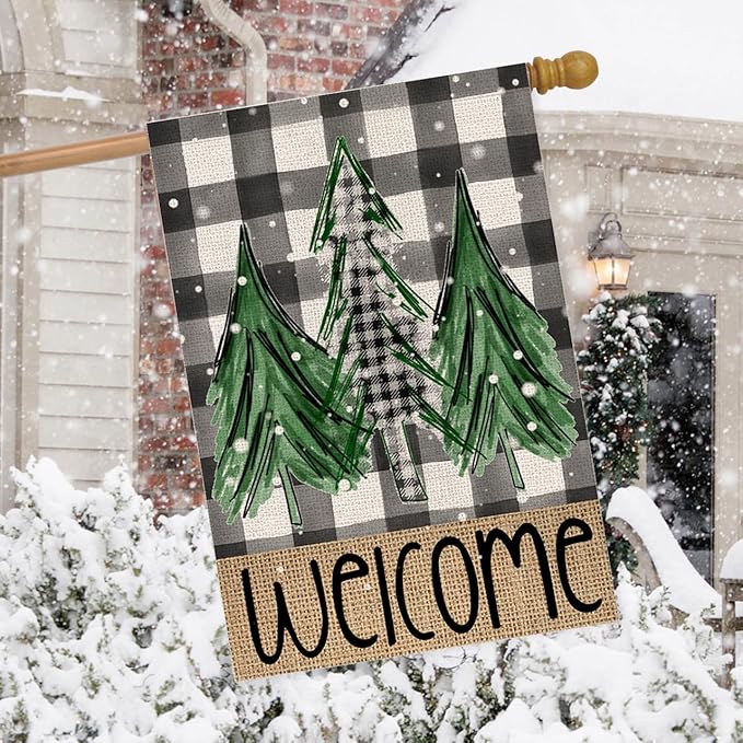 Welcome Christmas Trees Garden Flag 28 x 40 Inch Vertical Double Sided Buffalo Plaid Winter Holiday Yard Outside Xmas Décor