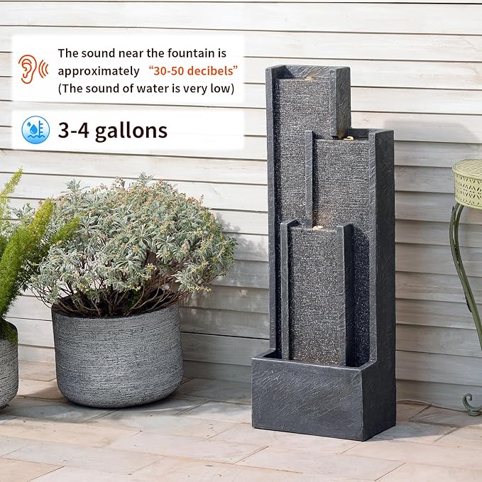 39" Modern Outdoor Water Fountain with LED Lights – Grey Tiered Geometric Indoor Waterfall Fountain for Garden, Lawn, Porch or Backyard Décor, Floor Standing Resin Patio Water Feature Outside