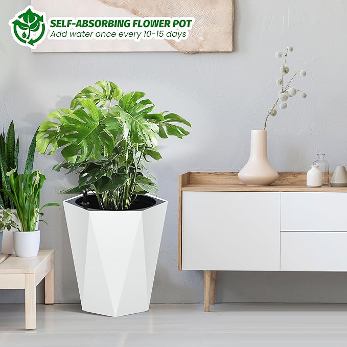 GarveeLife 16 in Tall Diamond Planters Set of 2, Self Watering Planters with Water Level Monitor, Flower Pots Outdoor and Indoor for Patio, Porch, Living Room, Home Office, White