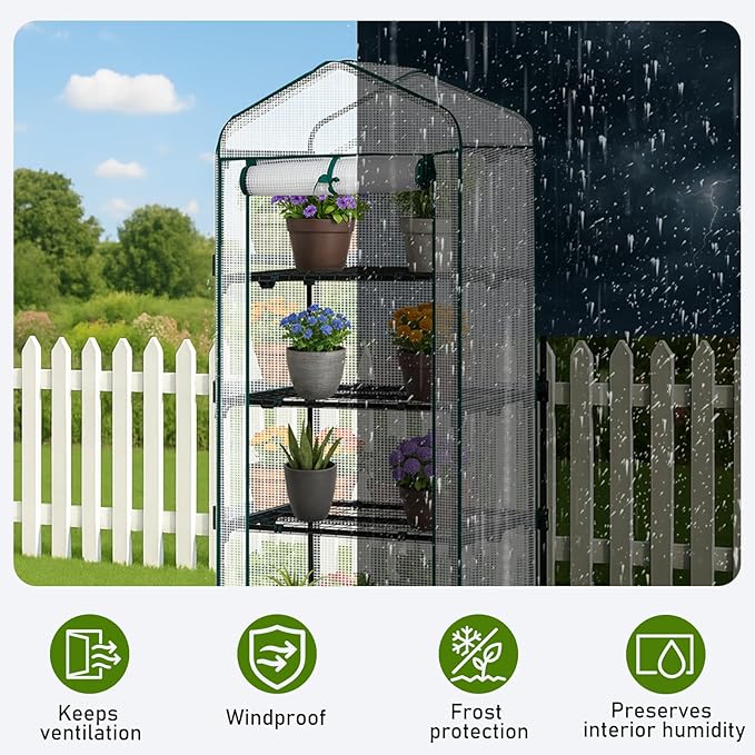 Outvita Mini Greenhouse, Small PE Plant Green House with 4 Tiers Rack, Shelf Clips, Roll-up Zipper Door, Gardening Supplies for Indoor Outdoor Seedling Frost Protection , 27"x19.6"x63" White
