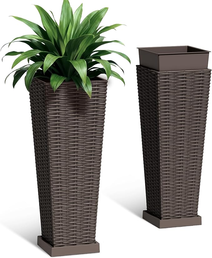 Set of 2 Tall Plastic Planters with Saucer, 24 Inch Height Pots with Drainage Trays, Brown