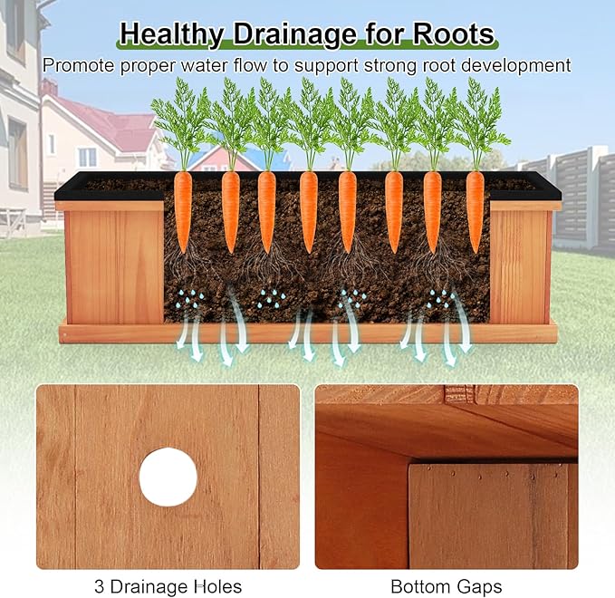 Giantex Outdoor Raised Garden Bed Set of 2, 28” x 10” x 10” Pine Wood Planter Box w/ 3 Drainage Holes, Removable Bottom & Bed Liner, Rectangular Flower Container for Vegetables Herbs, Indoor & Outdoor