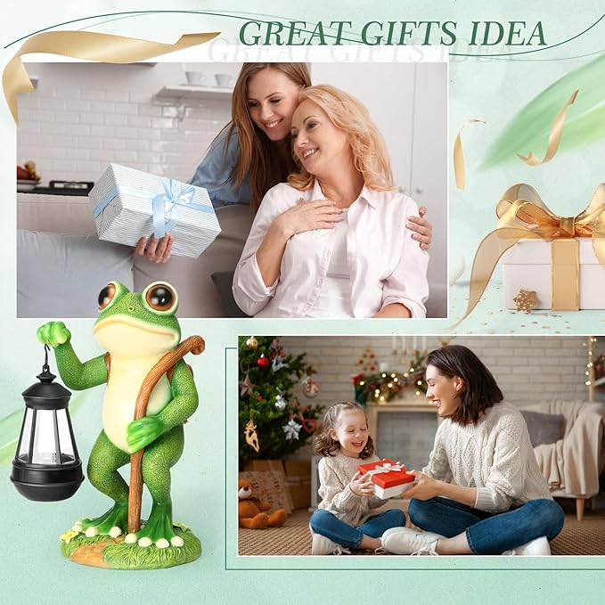PAETAE Garden Statue Frog Outdoor Decor, Solar Patio Resin Garden Decor for Outside Yard Decorations Gift for Women, Mom, Grandma