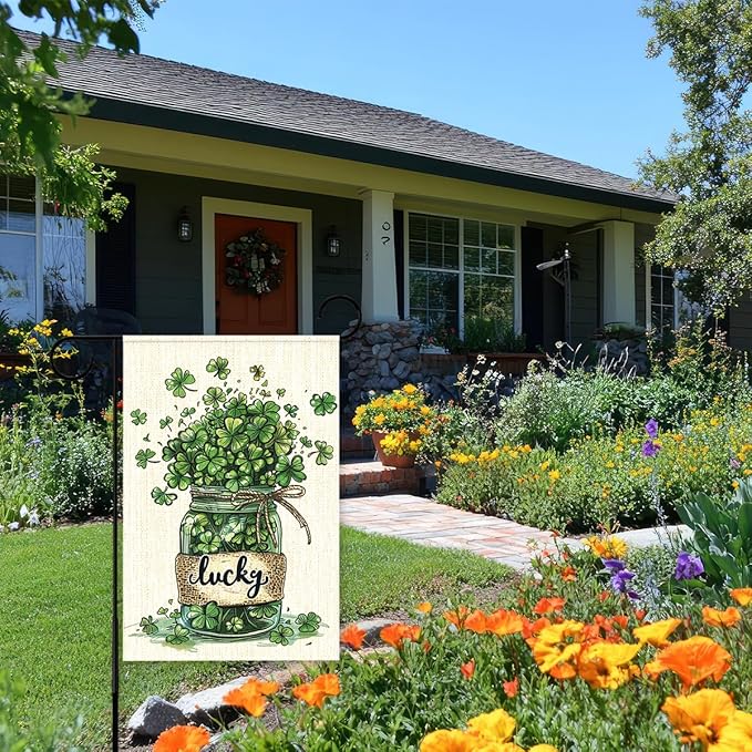 St Patricks Day Garden Flag 12x18 Inch Double Sided,Shamrocks Lucky Outdoor Irish Decor House Porch Flag for St Patrick's Day Party and Yard Decorations