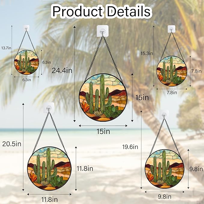 JOSUMALY Stained Glass Window Hanging, Green Cactus Sun Catcher for Door Terrace Garden Home Decor, Abstract Desert Landscape Suncatcher Birthday Gifts for Lovers Women Men Dad Mom Nana 15 in