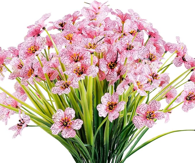 JEMONG 12 Bundles Artificial Flowers Outdoor UV Resistant Fake Flowers No Fade Faux Plastic Plants Garden Porch Window Box Decorating (Pink)