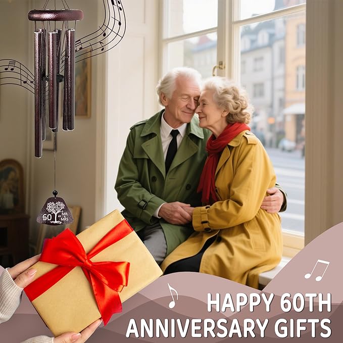 Fusui 60th Wedding Anniversary Wind Chimes Gifts, Happy 60th Anniversary Decorations Gift for Parents Couple Husband Wife, Romantic 60 Year Anniversary's Keepsake Ideas Wind Chimes for Outside 32"