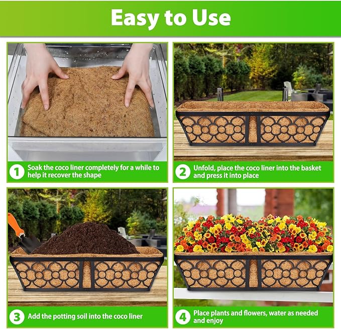 Legigo 4 Pack 24 Inch Square Coco Liners Planter Baskets Liner- Natural Coconut Coir Basket Liner Replacement, Window Box Liners Trough Coconut Liners for Wall Planter Garden Deck Fence Flower Baskets