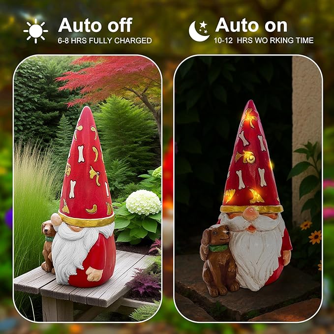 LETITIN Solar Garden Gnome with Dog Statue - Outdoor Solar Powered Gnome Decor with LED Lights, Waterproof Funny Garden Decorations for Patio, Yard, Lawn (Dog Gnome)