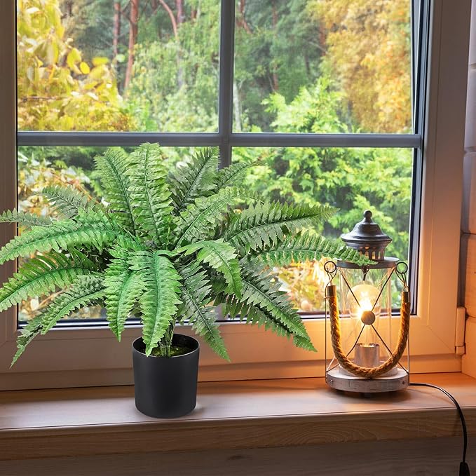 FineCheer Fake Ferns Potted Plant Faux Boston Bush in Pot Artificial Greenery Fern Plant for Spring Summer Patio Garden Farmhouse Windowsill Entrance Porch Office Living Room Decor (24 Leaves)