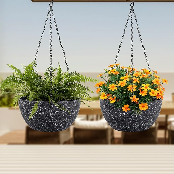 Meowell 8 inch Small Hanging Planters for Indoor Outdoor Plants, 2 Pack Hanging Flower Plant Pots with Drainage Holes and Chain for Porch, Plastic Hanging Baskets for House Plants, Speckled Black