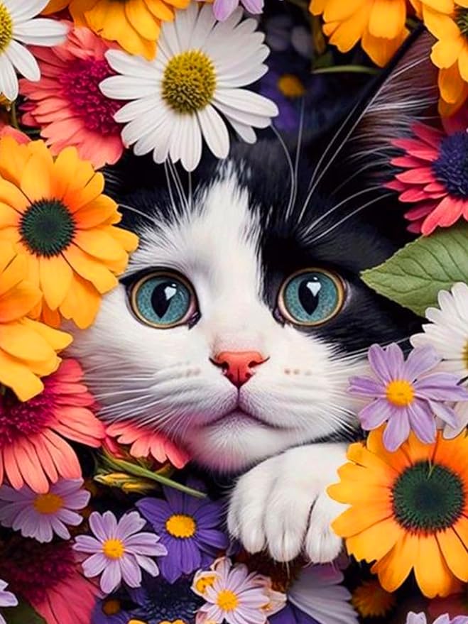 Axquilon Flower Cat Diamond Painting Kits, Full Drill Round DIY Diamond Art Kits, Paint by Diamonds Rhinestone Gem Art Craft for Home Wall Decor 12X16 inch