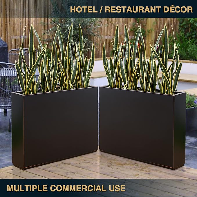 Wallowa Metallic Heavy Planter for Outdoor Plants, 38Lx10Wx30H Inches Tall and Long Metal Divider Planter Box with Hand Brushed Gold Edge for Outside & Indoor, No Assembly (Black)