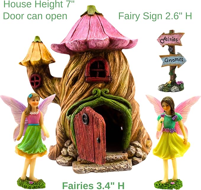 PRETMANNS Fairy House Kit - Fairy Garden Accessories for Outdoor Miniature Village Decor, with Fairies & Sign - Flower Stump House, 7" High & Door can Open Wide - 4 Piece Supplies