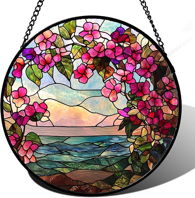 AMDERVEN Stained Glass Window Hanging, Purple Flower Landscape Wreath Sun Catcher for Door Home Decor Plants Suncatcher Christmas Mother's Day Birthday Gifts for Women Men Mom Nana 7.8 in