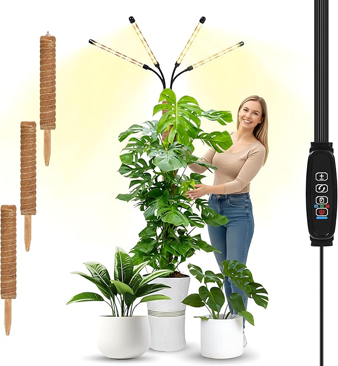 Grow Lights with Moss Pole for Indoor Plants, Full Spectrum LED Plant Light with Auto 3/9/12H Timer, Adjustable Height 15-54", Plant Lights Coco Coir Pole for Monstera, Philodendron, Climbing Plants