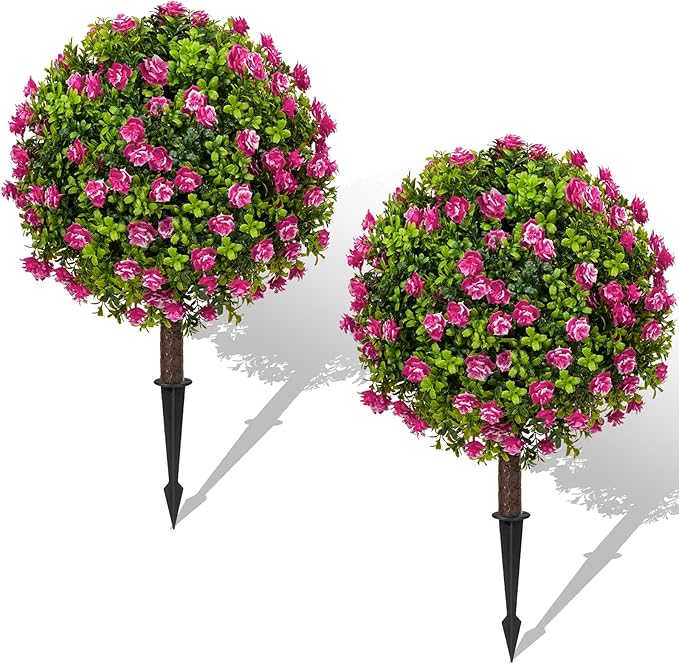 25" Artificial Boxwood Topiary Ball Trees with RoseFlowers, Set of 2 UV Resistant No Fade Outdoor Faux Plants with Ground Spike, Fake Shrubs for Garden, Patio, Porch, Yard, Indoor