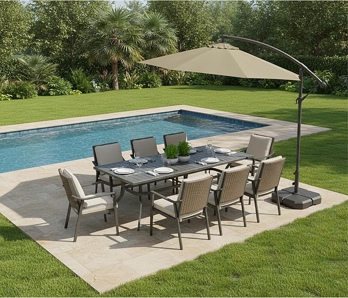 PURPLE LEAF Outdoor Dining Set for 8 with Thick Cushion Heavy-Duty Metal Patio Dining Furniture Set with All-Aluminum Slatted Table and Khaki Wicker Chairs for Deck Lawn Garden Backyard Pool