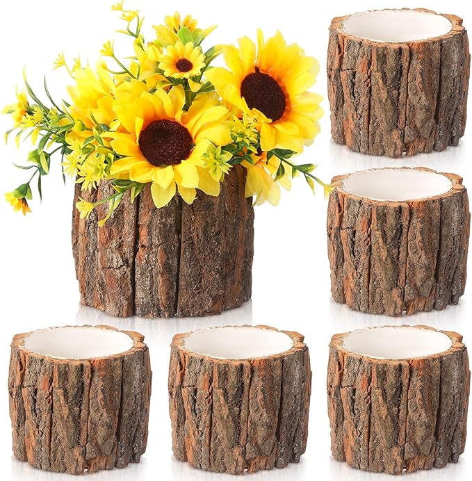 6 Pcs Wooden Vase for Centerpieces Woodland Table Decor Wooden Flower Vase Rustic Bark Stump Buckets Vintage Wood Planter Pots for Garden Party Wedding Window Home Farmhouse (Large)