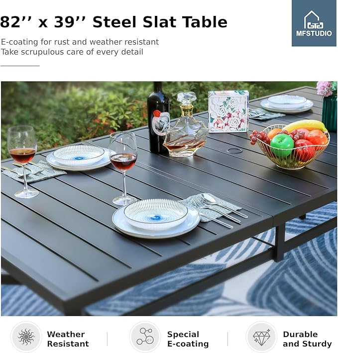 MFSTUDIO 9 PCS Patio Dining Set with Large Retangular Heavy Duty Metal Slate Table with 8 Sling Dining Chair (Grey)
