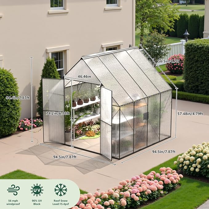 Green House for Outside, Greenhouse for Outdoor, Walk-in Garden Greenhouses, Heavy Duty Polycarbonate Greenhouse, Backyard Green Houses (8x8)