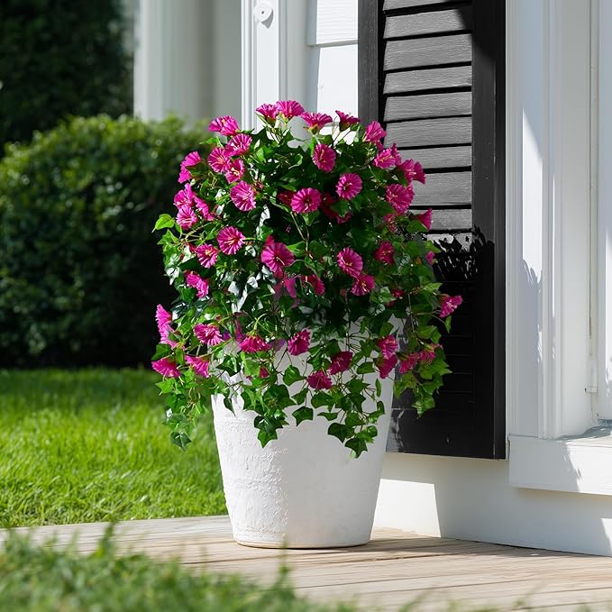 Morning Glory Artificial Hanging Flowers for Outdoors 3 Pcs Fake Petunias Flower Faux Silk Long Trailing Vines Realistic Flower for Front Door Porch Patio Balcony Garden Yard Decor (3 Pcs Fuchsia)