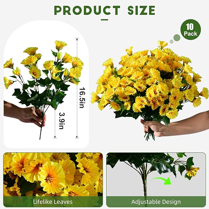 Artificial Morning Glory Flowers Plants for Outdoor 8 Pcs Faux Silk Petunias Flower Realistic Faux Flowers Plants for Outside Planter Porch Yard Patio Balcony Home Indoor Decor (8 Pcs Yellow)