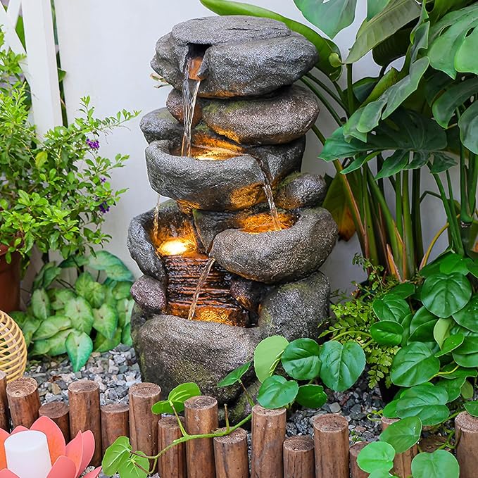 The 4-Tiered Water Fountain Outdoor&Indoor Fountain with Lights, 28.35" Waterfall Fountain for Garden, Patio, Yard, and Lawn, Natural Stone Look Water Features Outdoor Patio