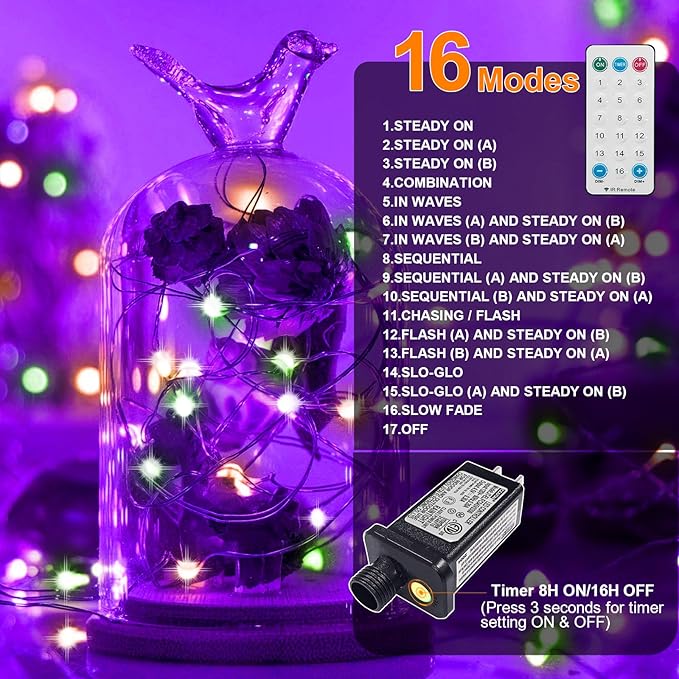 LAMPHOME Halloween Fairy Lights Plug in, 33Ft 100 LEDs Waterproof Twinkle Firefly Lights, Adaptor Included, Starry String Lights for Wedding Indoor Outdoor Christmas Patio Garden, Orange Purple Green
