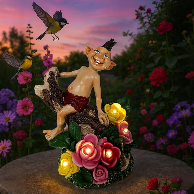 Gnome Figurine with Solar-Powered Flowers Goblin Decor Garden Gargoyle Statue for Patio Yard Balcony Housewarming Gifts for Mom Women Grandma