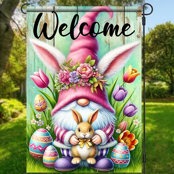 Easter Garden Flag 12x18 Inch Double Side Gnome with Bunny and Tulips Easter Decoration Spring Yard Flag Easter Eggs Colorful Welcome Yard Outdoor Home Display