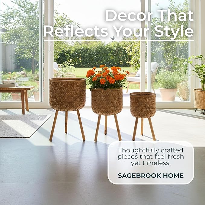 Set of 3 Bamboo Pot Planter with Stand – Modern Wooden Planters with Stand for Indoor/Outdoor, Stylish Hallway Home Decor & Garden– Standing Raised Floor Pot for Display -11/13/15", Brown