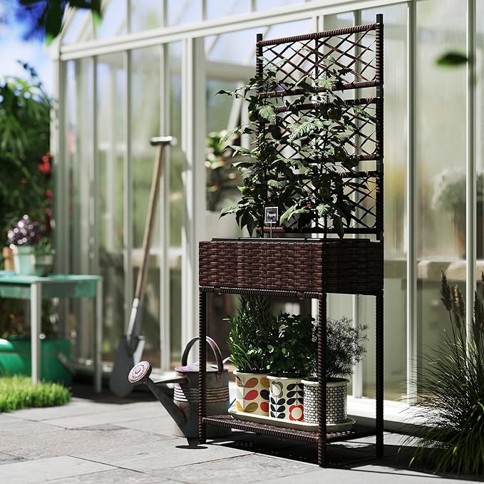 Outsunny Raised Garden Bed with Trellis, Outdoor Wicker Planter, Freestanding Rattan Planter Stand with Storage Shelf for Climbing Plants, Flowers, Herbs, Vegetables, Brown