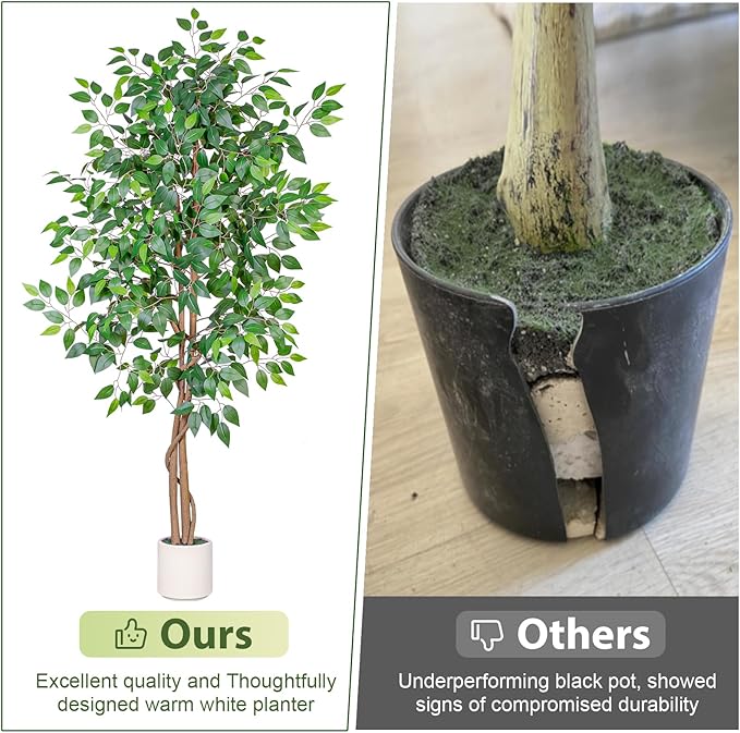 VIVATREES 5FT Artificial Ficus Tree with White Planter, Realistic Faux Silk Indoor Outdoor Plant for Home Office Living Room, Porch, Garden Decor