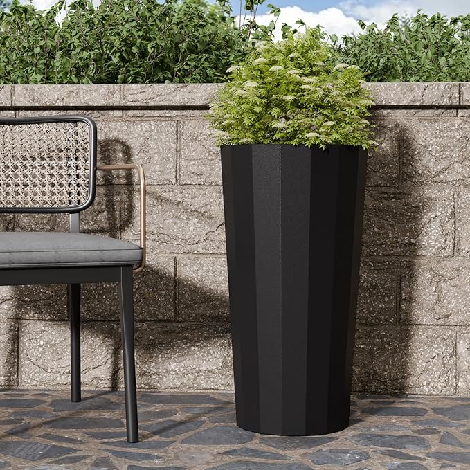 Diyfire 2PCS Tall Planters for Outdoor Plants, 23.6 Inches Large Outdoor Conical Flower Pots for Porch with Drainage Holes and Drainage Baffle, Tapered Large Planters for Garden, Balcony Use, Black