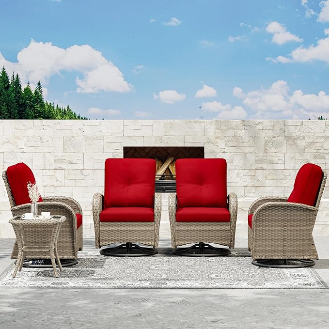 Joyside Wicker Patio Furniture Set, 6 Piece Outdoor Furniture Set with Thickened Cushions, High Back, Deep Seating, Wide Armrest, Outdoor Swivel Rocker Chairs for Porch, Deck
